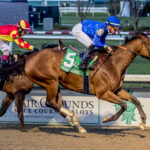 2/18/2023 - Pretty Mischievous, with Tyler Gaffalione up, wins the Grade 2 Rachel Alexandra Stakes at Fair Grounds Racecourse for trainer Brendan Walsh. Photo by Hodges Photography / Lou Hodges.
