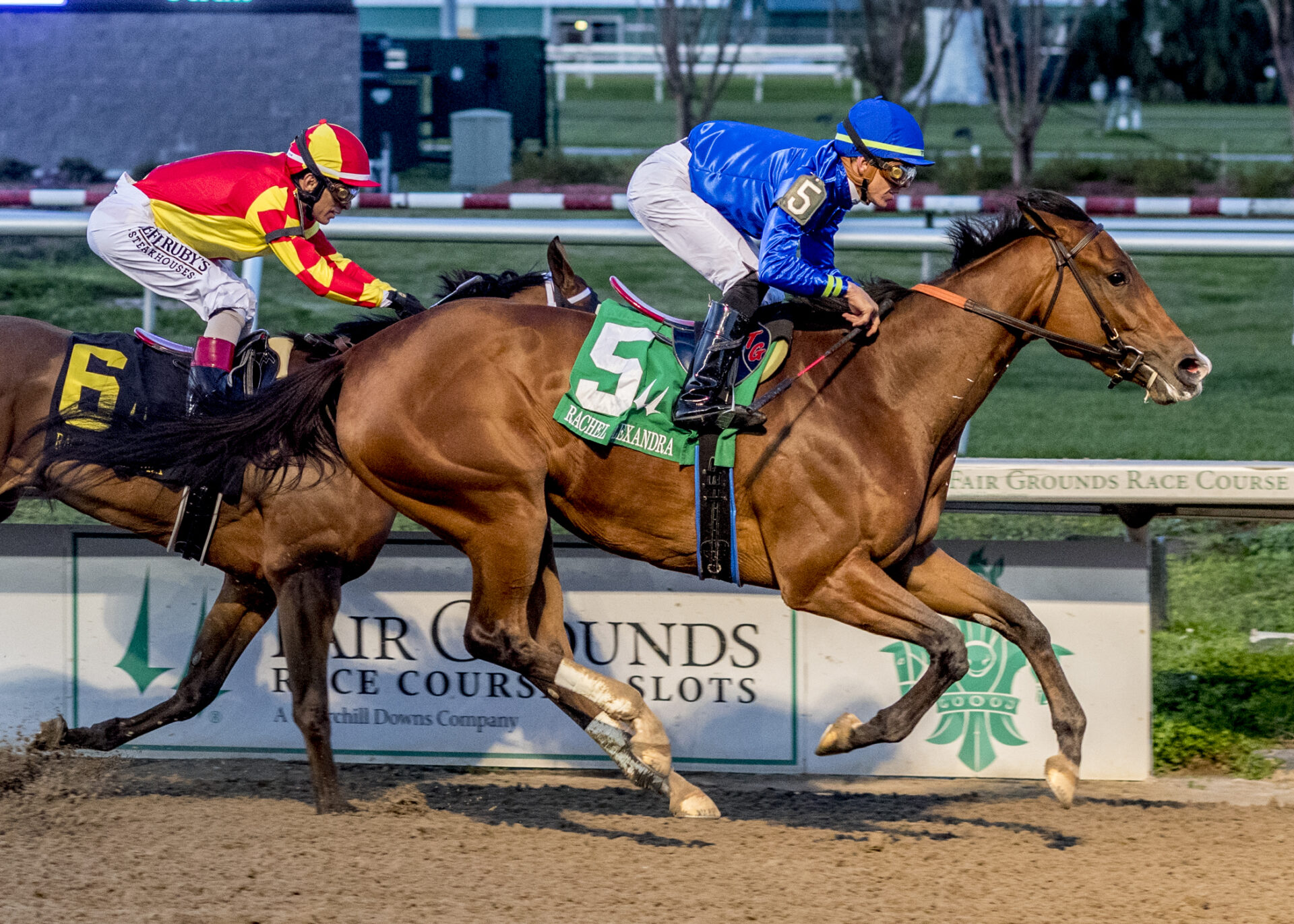2/18/2023 - Pretty Mischievous, with Tyler Gaffalione up, wins the Grade 2 Rachel Alexandra Stakes at Fair Grounds Racecourse for trainer Brendan Walsh. Photo by Hodges Photography / Lou Hodges.